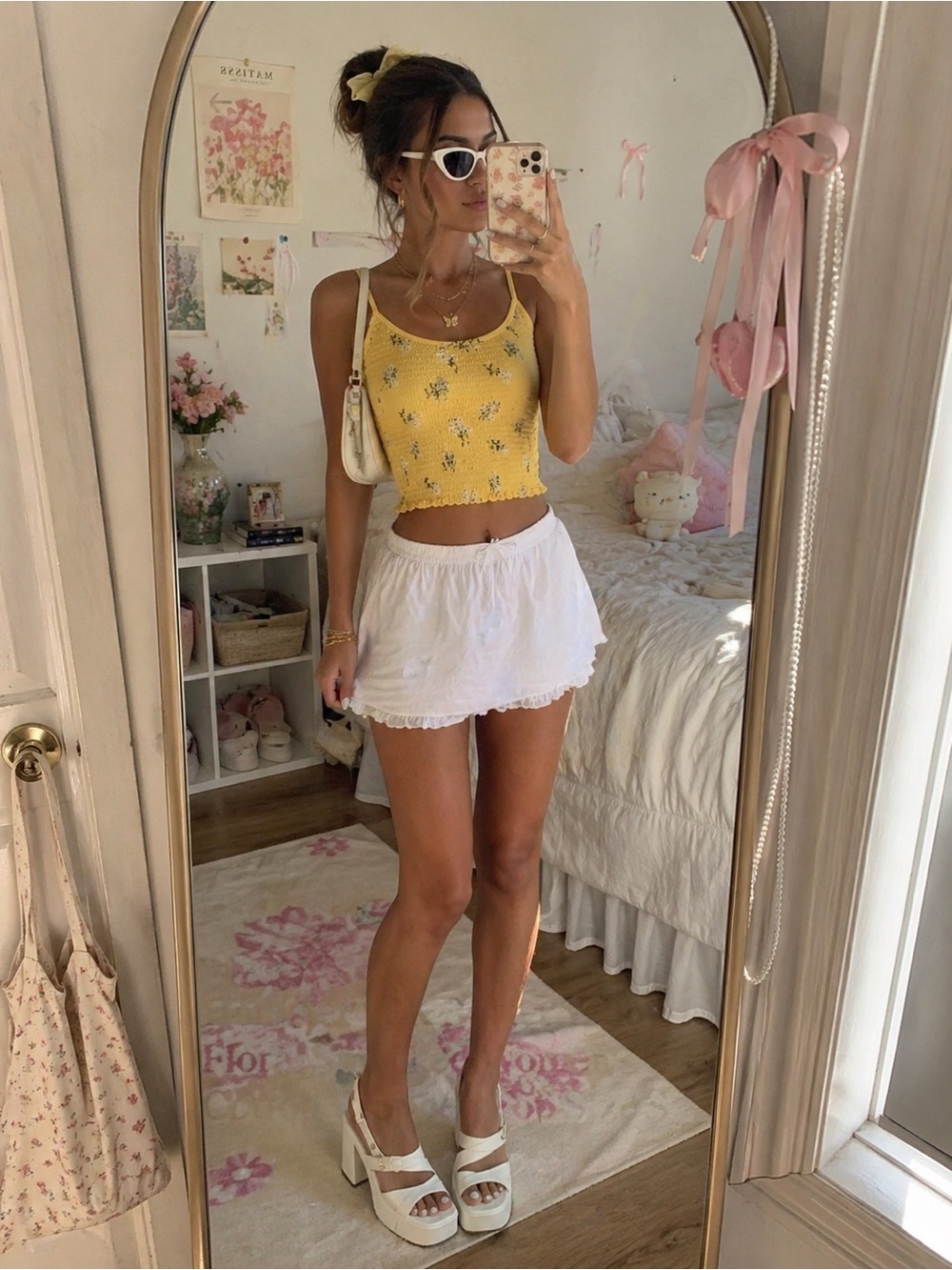Hollister Small Coquette Y2K Retro Butter Yellow Floral Smocked Cotton Crop Top